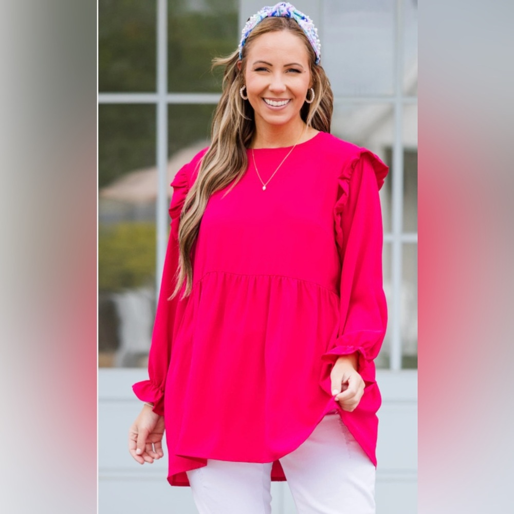 Chic Soul Vibrant Pink Ruffle Sleeve Peplum Blouse